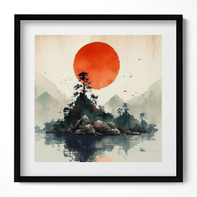 Tablou living cu rama unic Ilustrație japoneză a soarelui peste stânci și copaci