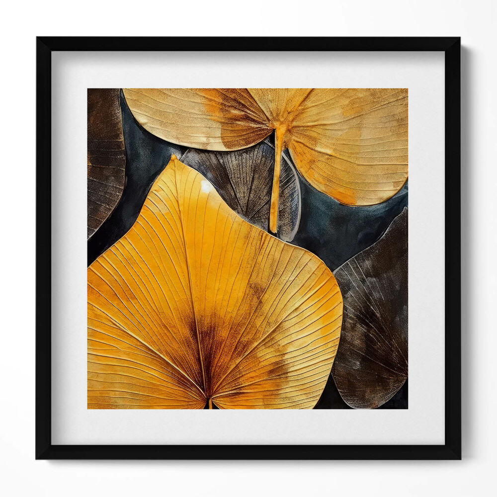 Tablou living cu rama unic Frunze de aur glamour