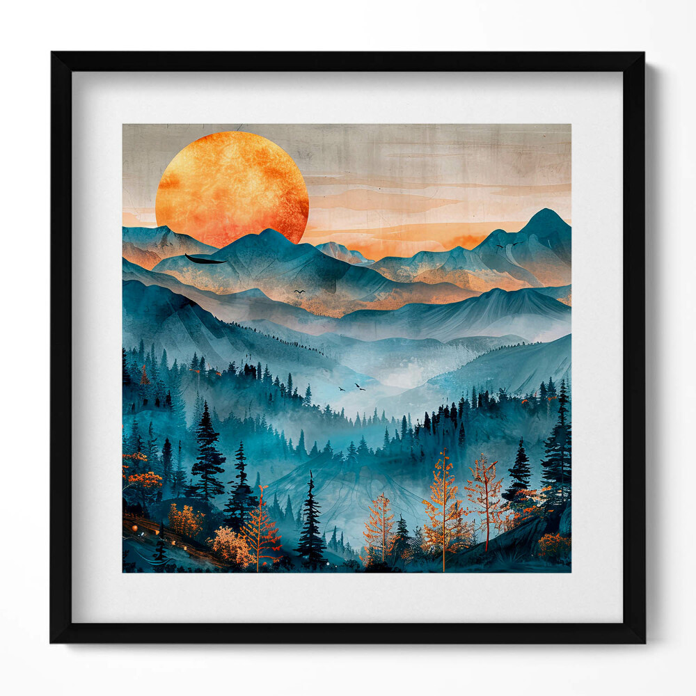 Tablou living cu rama unic Peisaj abstract al soarelui peste munți și păduri