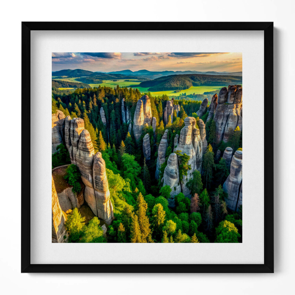 Tablou living cu rama unic O vedere de sus a peisajului cu munți și păduri unice