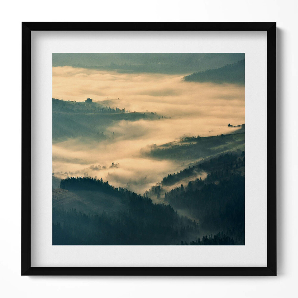 Tablou rama unic Peisaj montan cu păduri în ceață