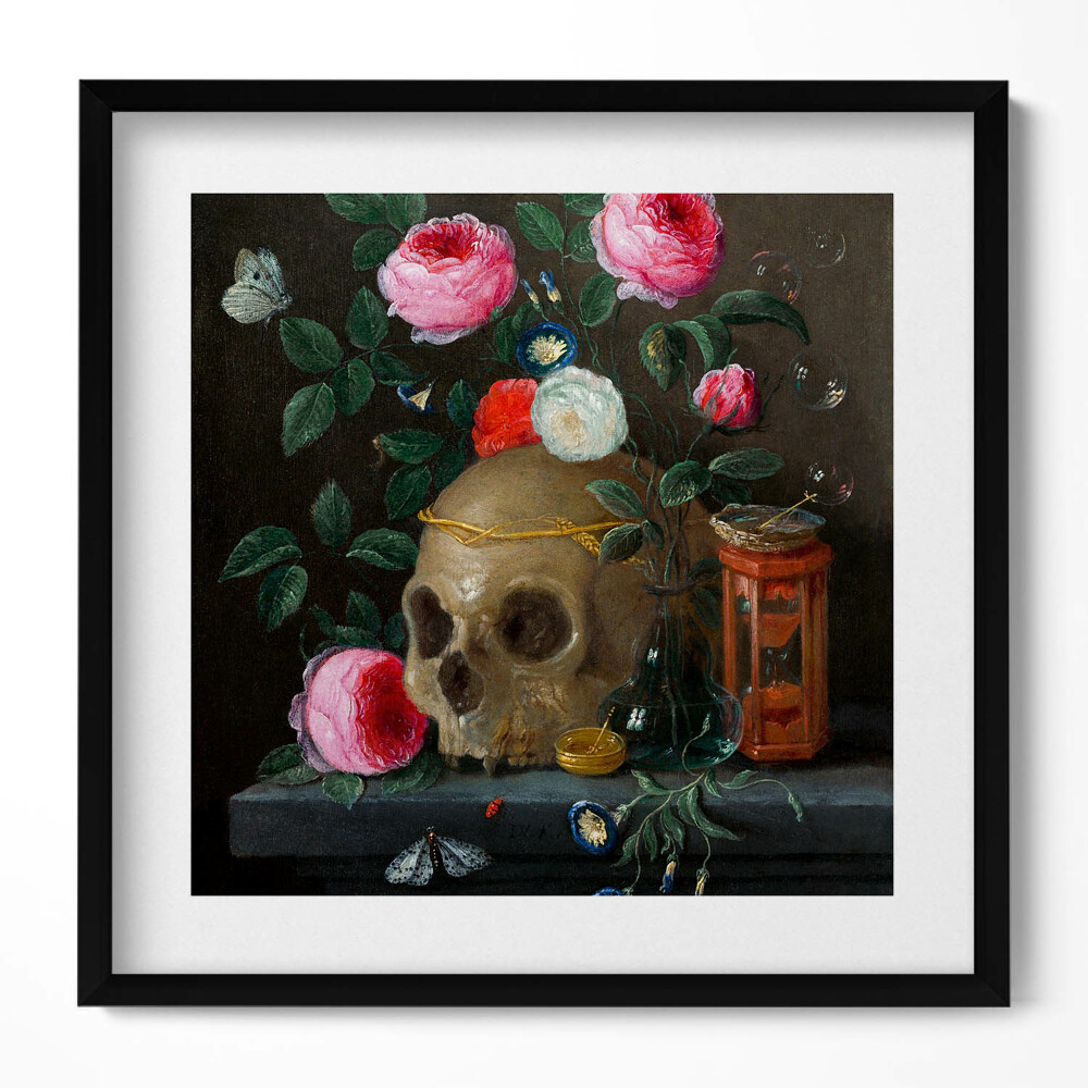 Tablou living cu rama unic Craniu printre flori