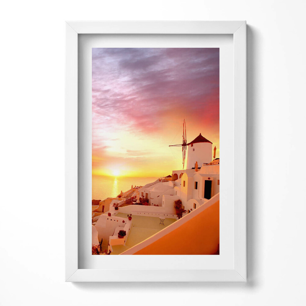 Tablou rama decorativ Santorini cu o moară de vânt veche