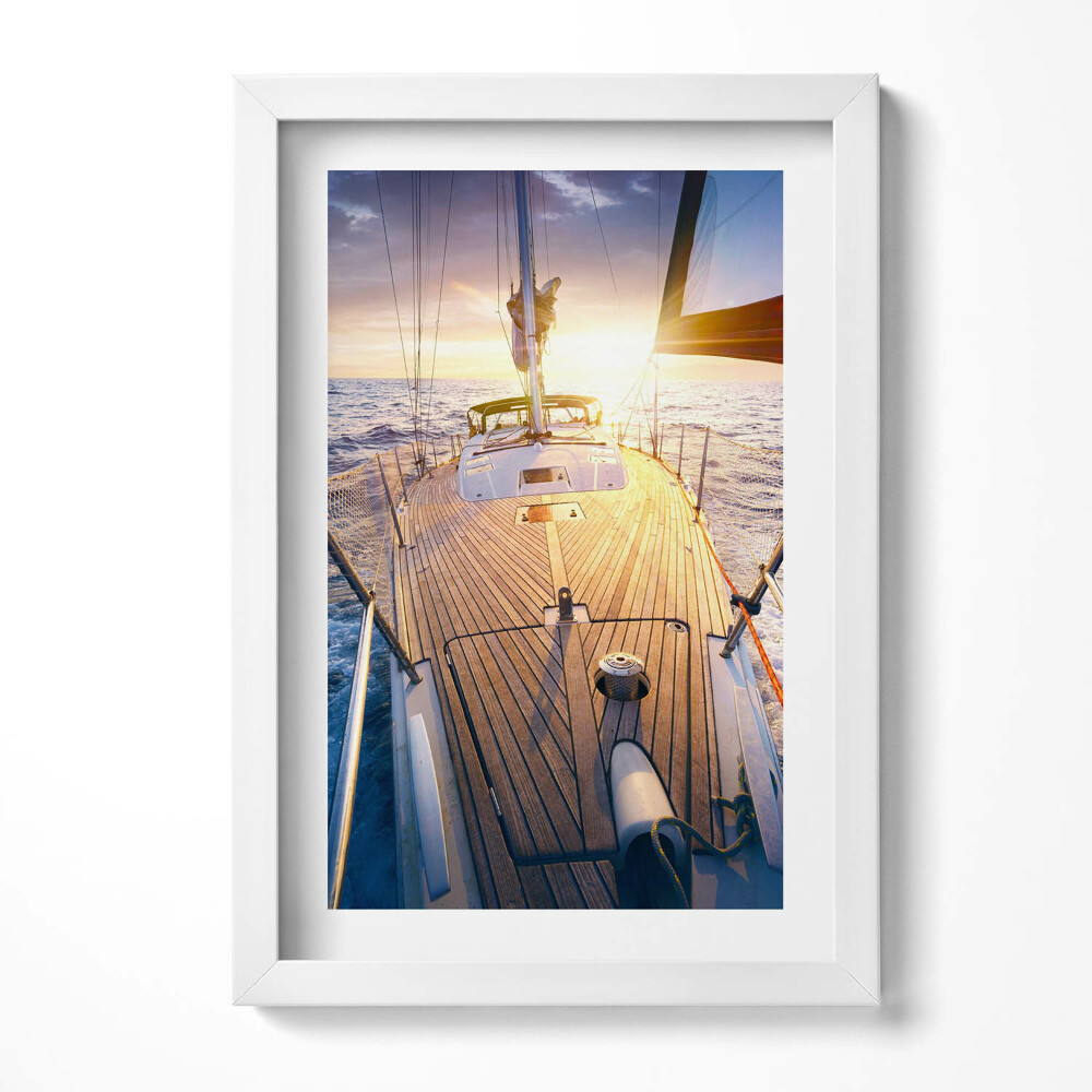 Tablou living cu rama decorativ Apus de soare pe puntea unei bărci cu pânze