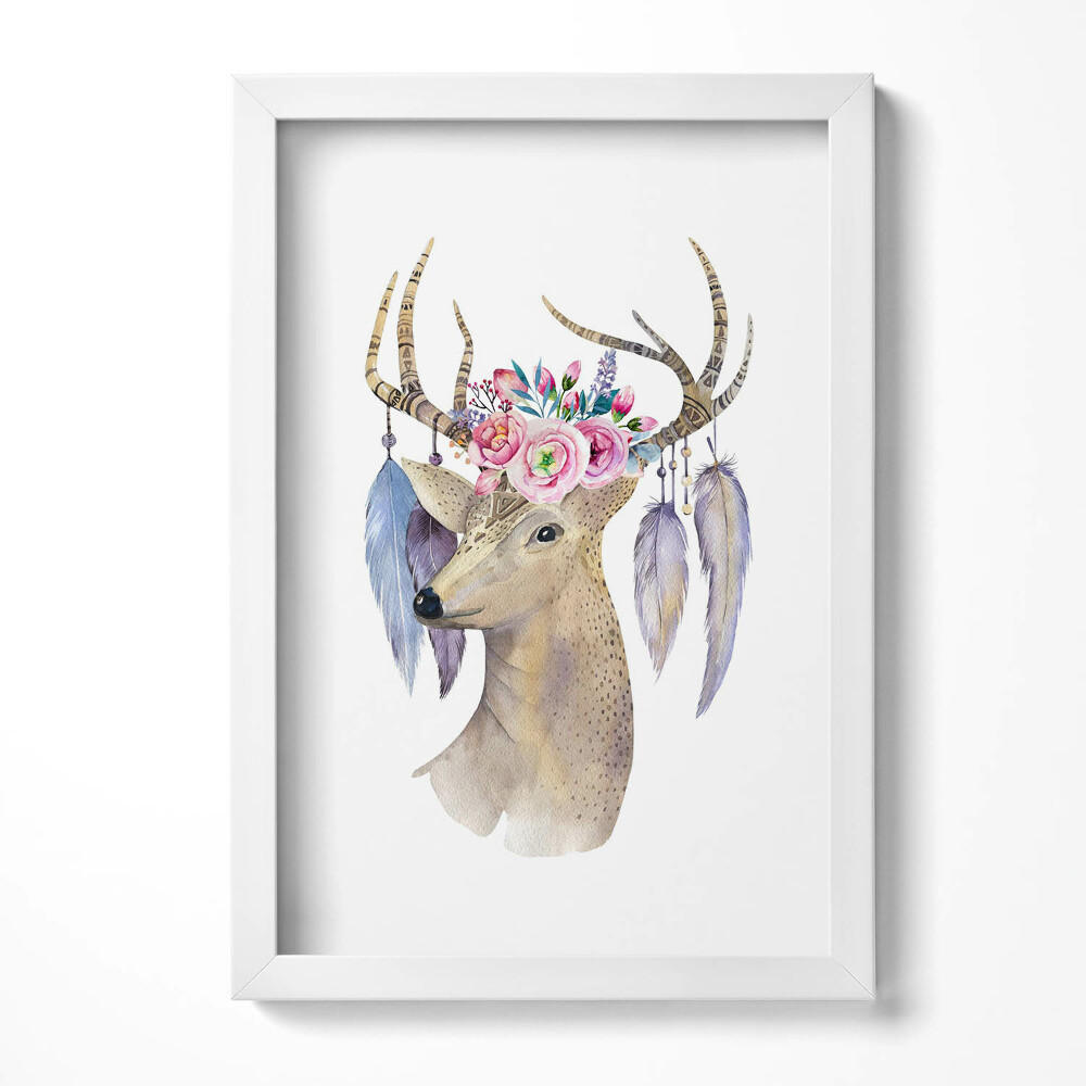 Tablou rama decorativ Cap de cerb și flori