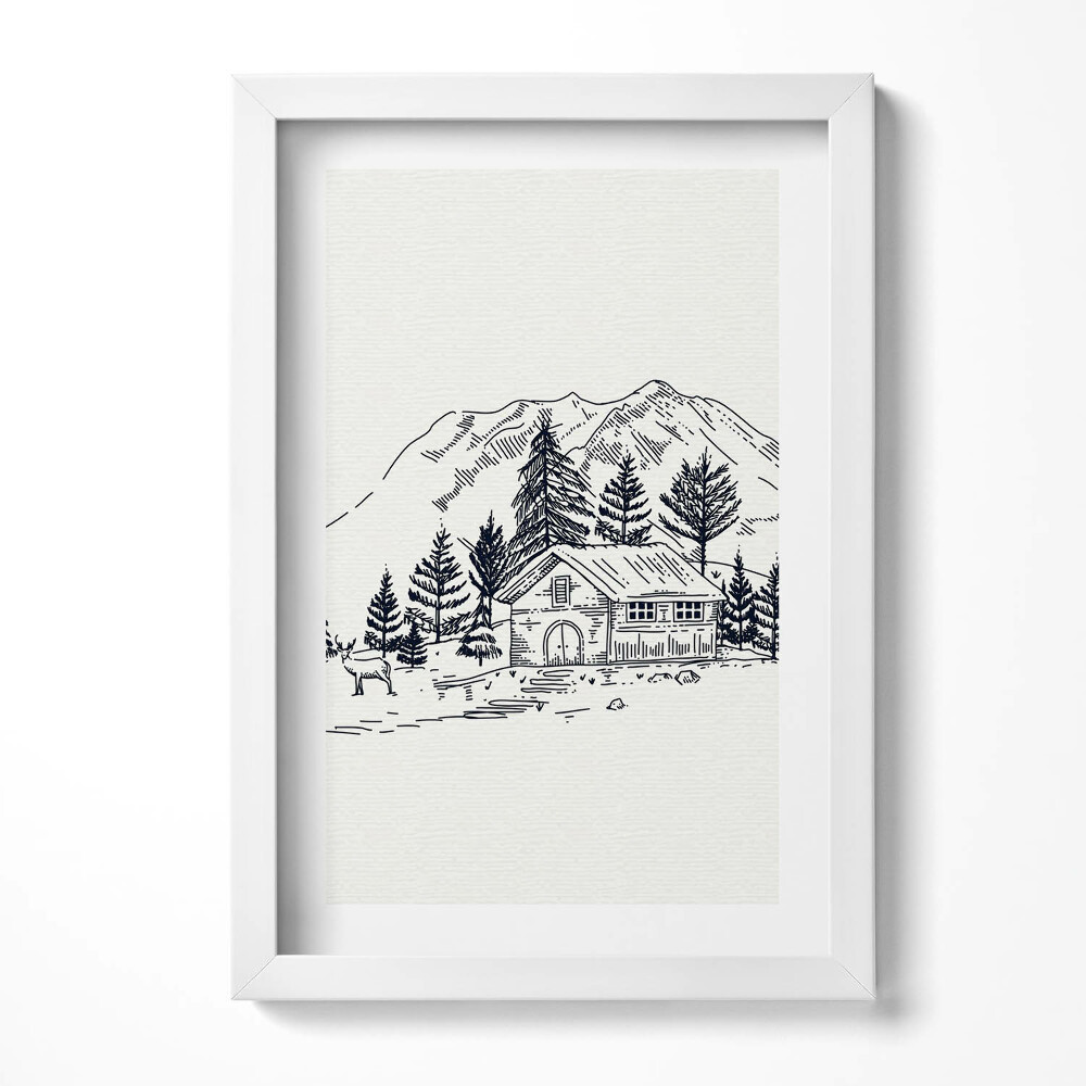 Tablou living cu rama decorativ Desenul unei case la munte