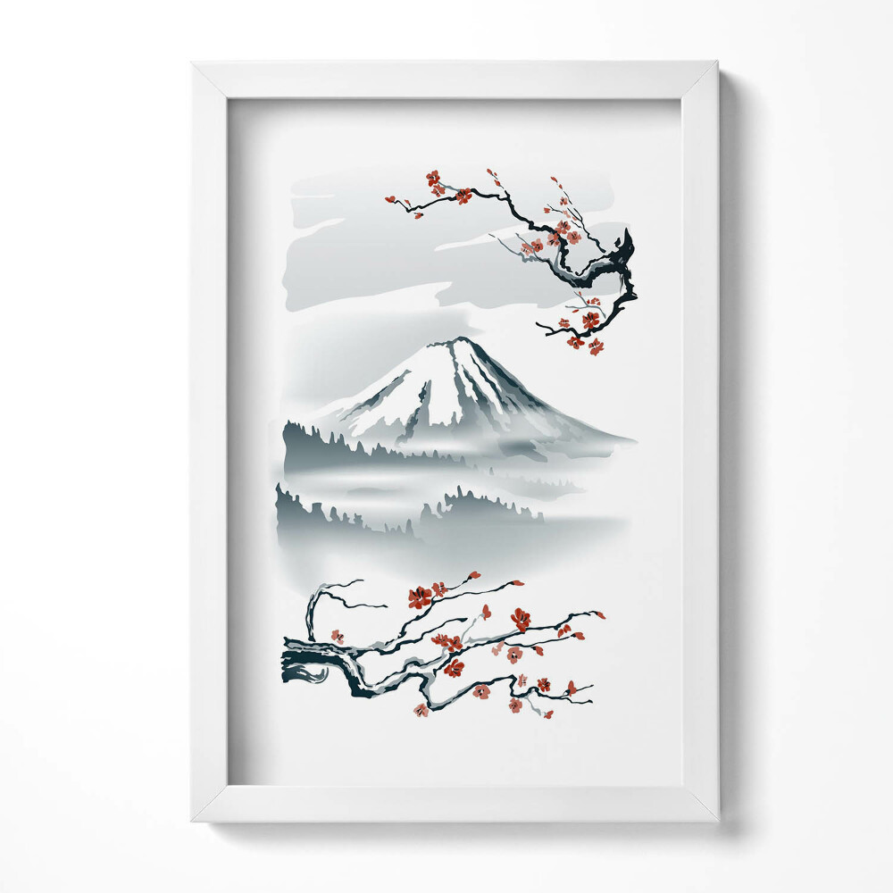 Tablou living cu rama decorativ Ilustrație japoneză a Muntelui Fuji și a florilor de cireș
