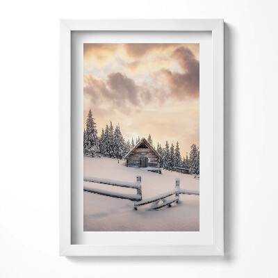 Tablou living cu rama decorativ Peisaj al unei cabane montane iarna și la apus