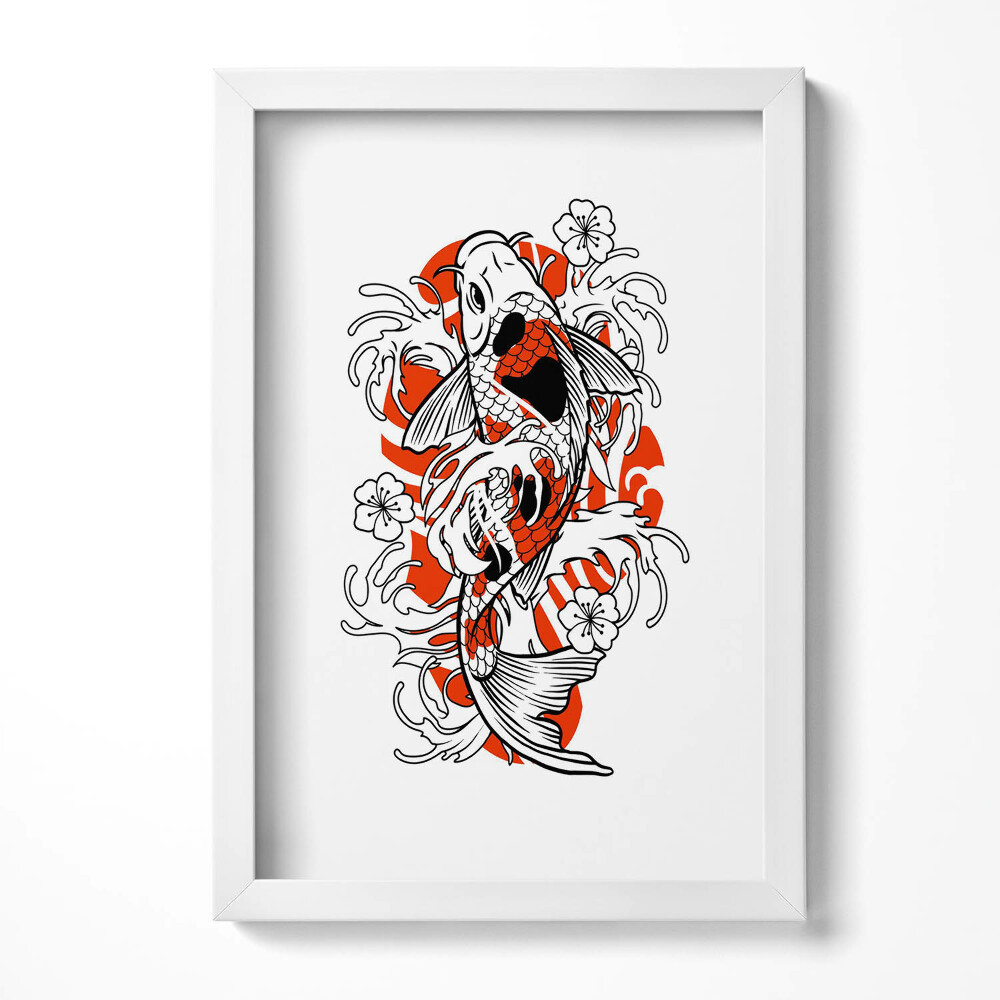 Tablou living cu rama decorativ Ilustrație de pește Koi în stil japonez