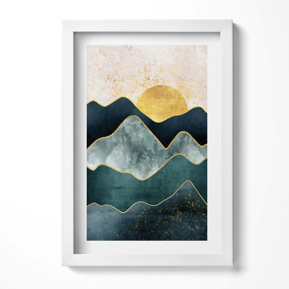 Tablou living cu rama decorativ Peisaj abstract de munți și soare auriu