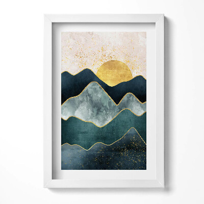 Tablou living cu rama decorativ Peisaj abstract de munți și soare auriu