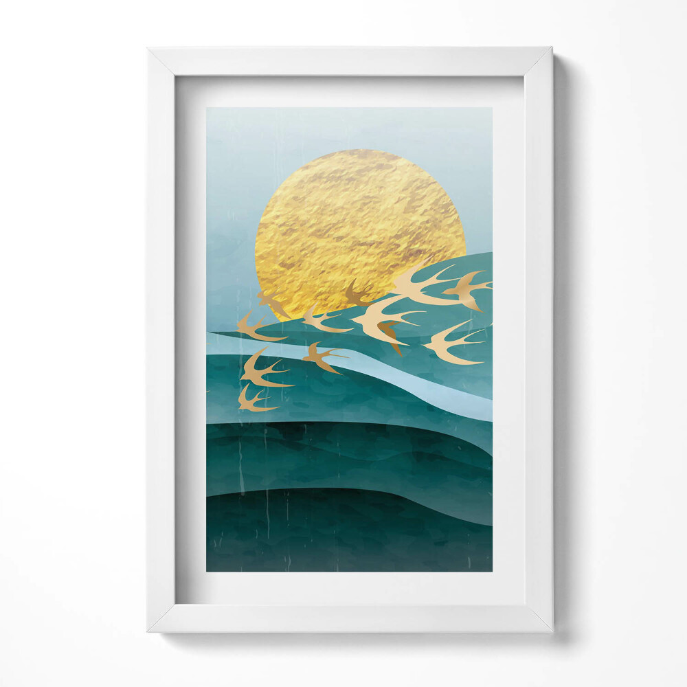 Tablou rama decorativ Ilustrație a păsărilor aurii pe cer