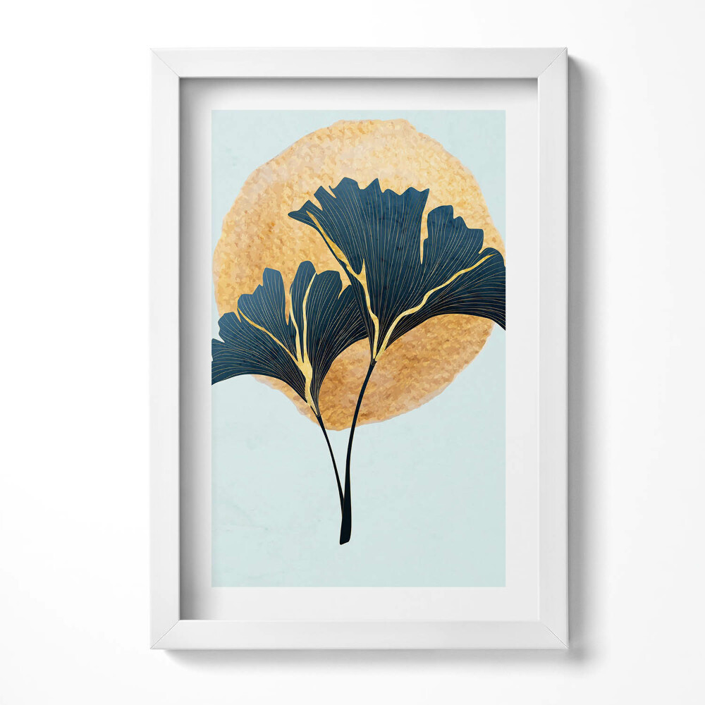 Tablou rama decorativ Ilustrație cu frunze de ginkgo cu soare auriu