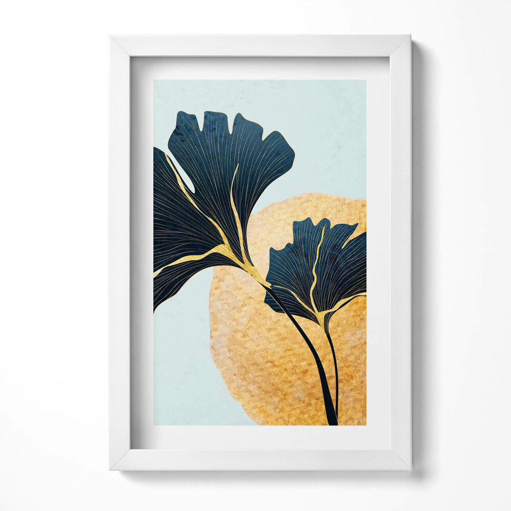 Tablou living cu rama decorativ Ilustrație cu frunze de ginkgo cu soare auriu