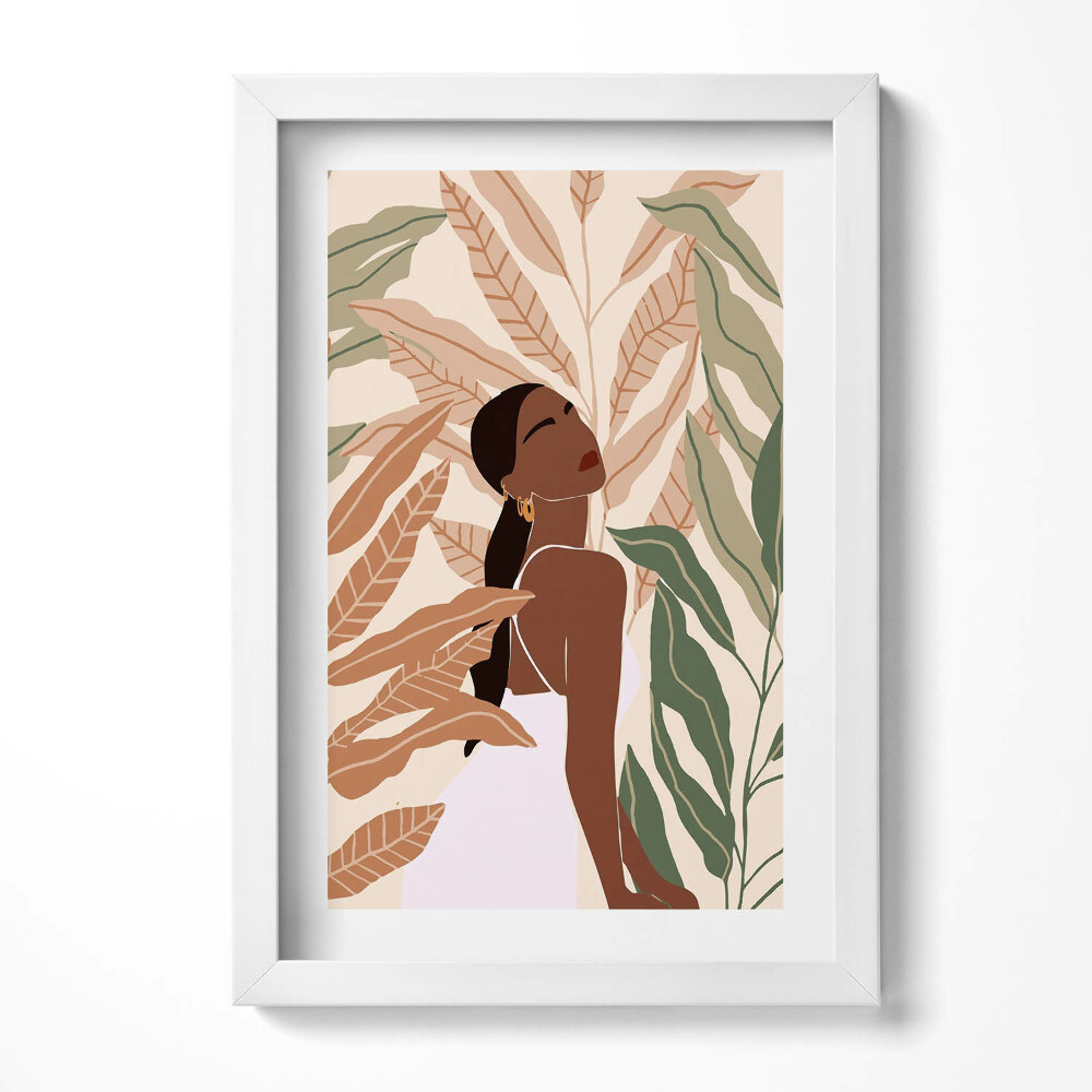 Tablou living cu rama decorativ Ilustrație a unei femei printre frunze în stil boho