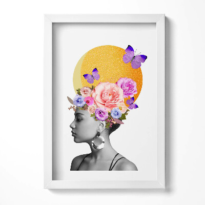 Tablou living cu rama decorativ Cap de femeie cu flori și fluturi
