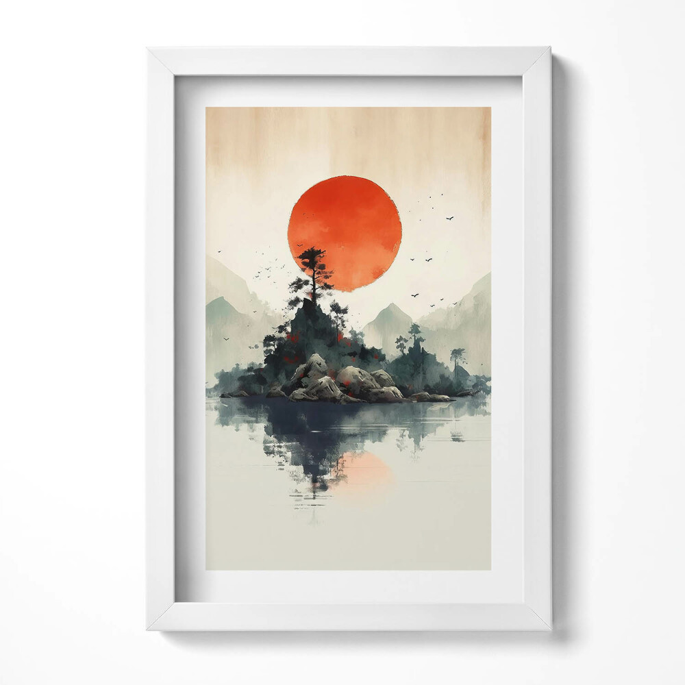 Tablou living cu rama decorativ Ilustrație japoneză a soarelui peste stânci și copaci