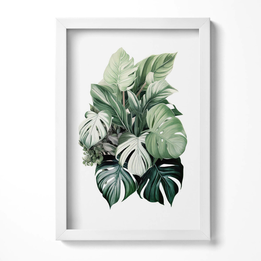 Tablou living cu rama decorativ Frunze de Monstera pictate