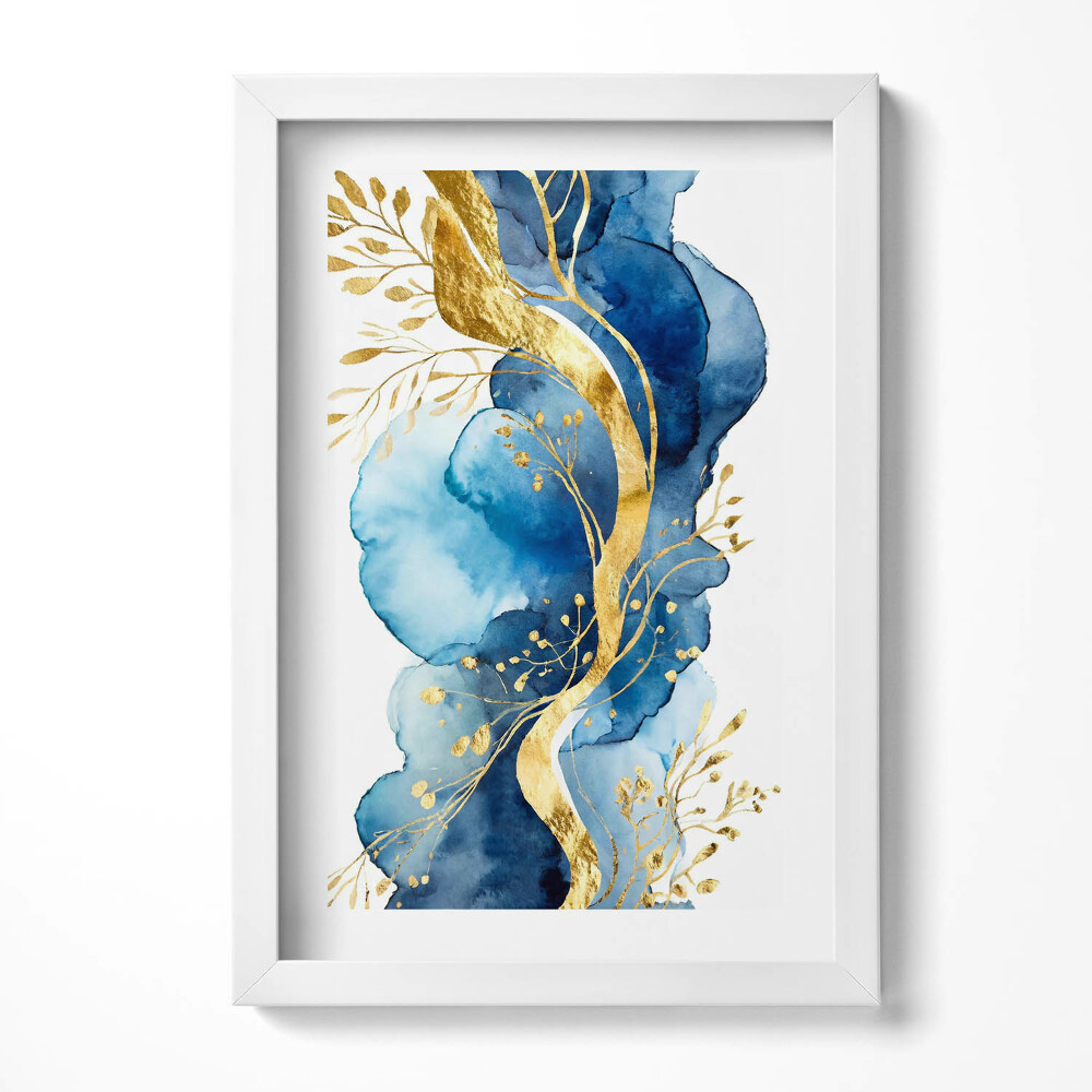 Tablou living cu rama decorativ Abstractizare a plantelor aurii pe un fundal albastru