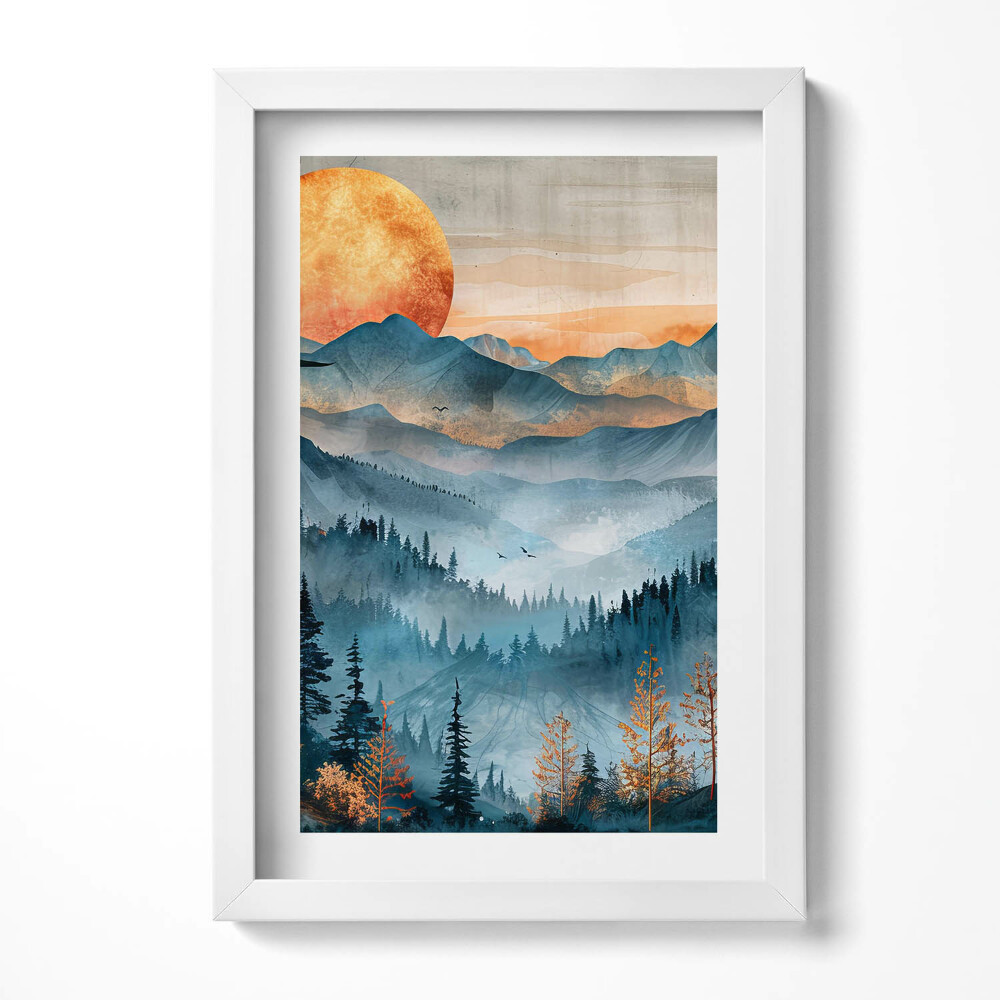 Tablou living cu rama decorativ Peisaj abstract al soarelui peste munți și păduri