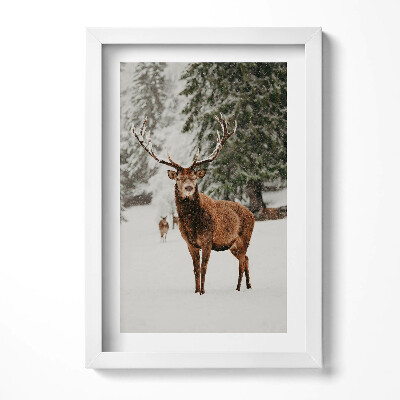 Tablou living cu rama decorativ Cerb în pădurea de iarnă
