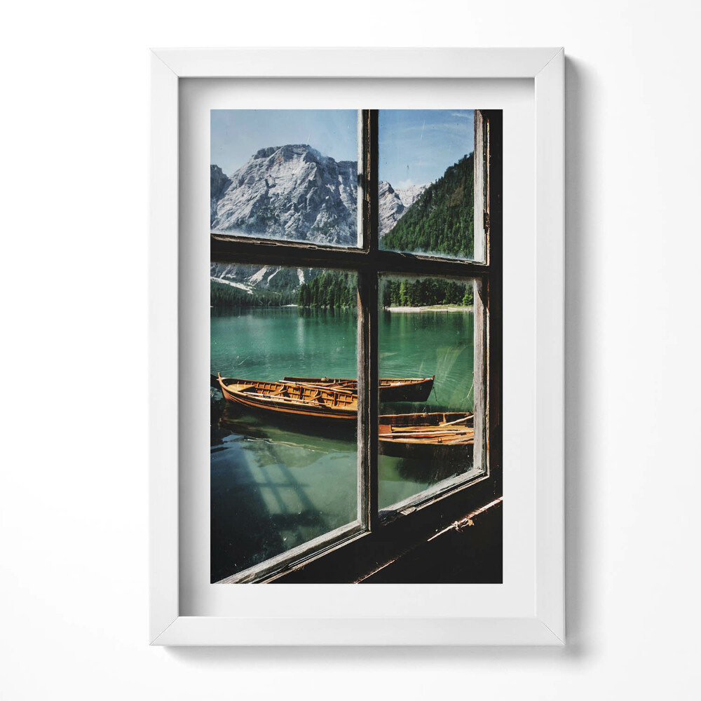 Tablou rama decorativ O vedere de la fereastră spre un lac cu o barcă