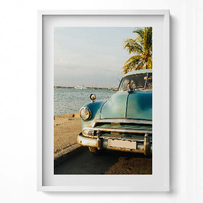 Tablou living cu rama modern Mașină albastră lângă mare