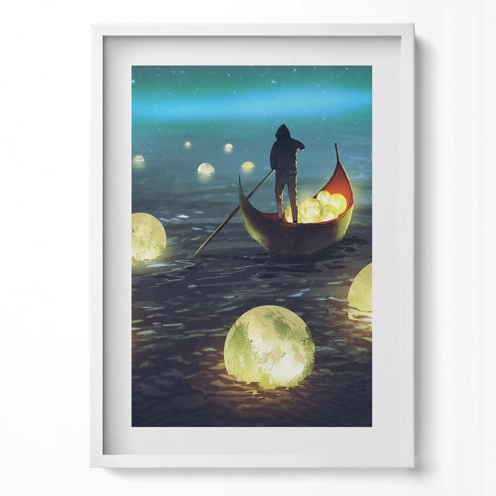 Tablou rama modern Ilustrație a bărcilor și a lunilor