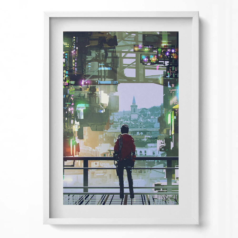 Tablou living cu rama modern Orașul Cyber-Punk