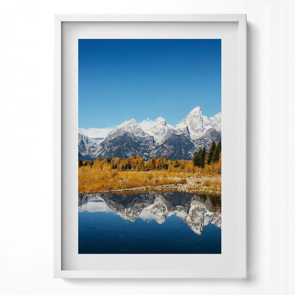 Tablou living cu rama modern Lacul de munte și copacii de toamnă