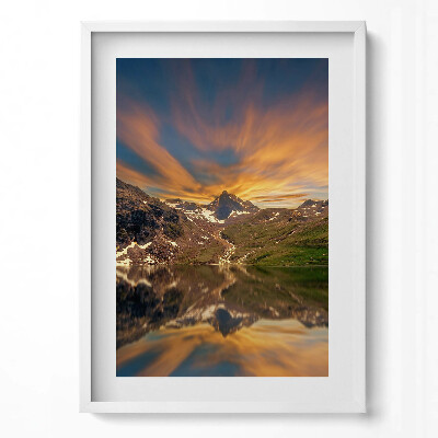 Tablou living cu rama modern Lacul de munte și apusul soarelui