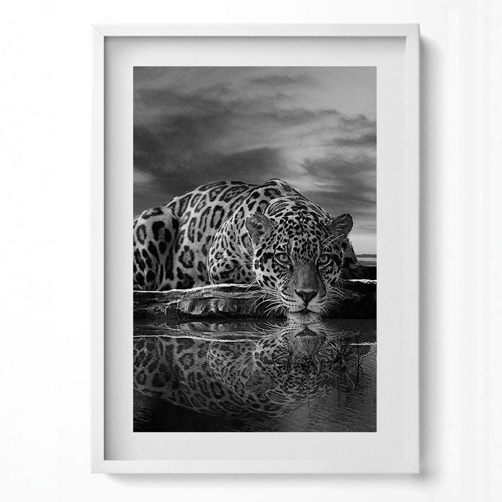 Tablou living cu rama modern Leopard alb-negru animal sălbatic