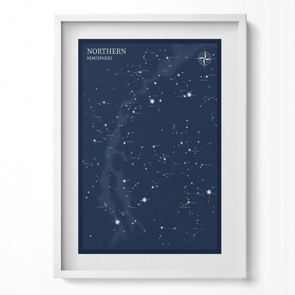 Tablou living cu rama modern Ilustrație a constelațiilor de pe cerul emisferei nordice