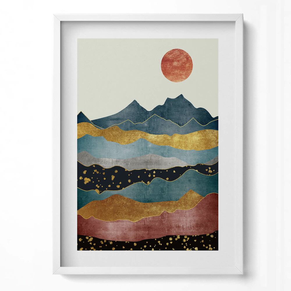 Tablou living cu rama modern Peisaj abstract cu munți și soare colorați