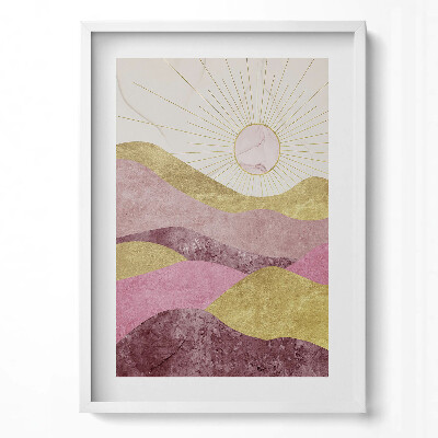 Tablou rama modern Peisaj abstract cu munți aurii și soare