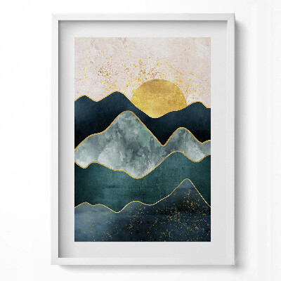 Tablou living cu rama modern Peisaj abstract de munți și soare auriu