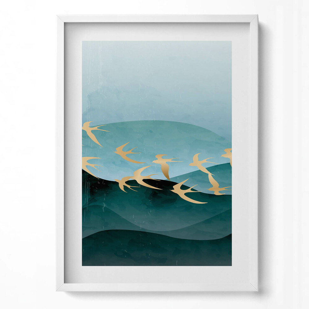 Tablou living cu rama modern Ilustrație a păsărilor aurii pe cer