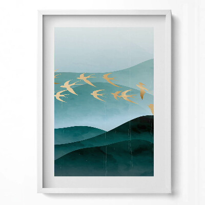 Tablou living cu rama modern Ilustrație a păsărilor aurii pe cer