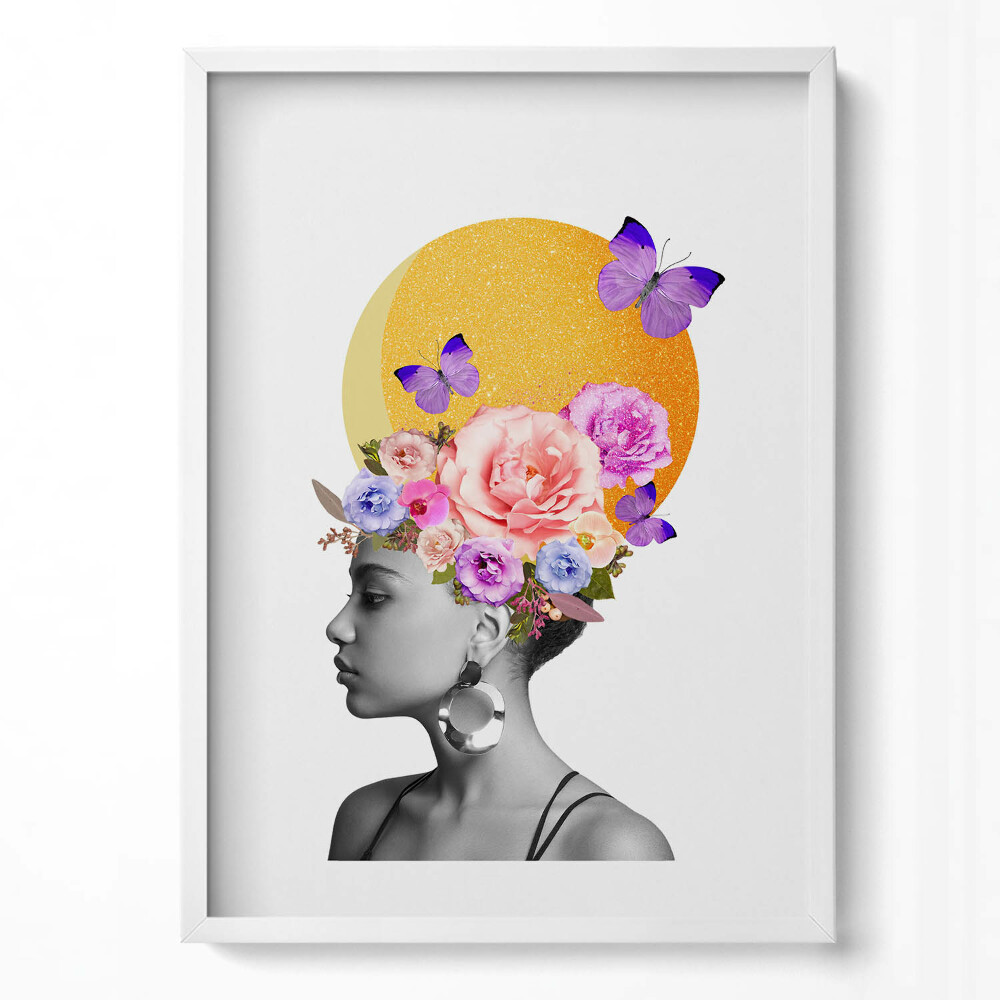 Tablou rama modern Cap de femeie cu flori și fluturi