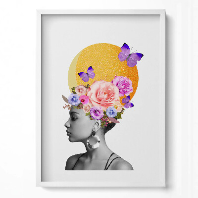 Tablou rama modern Cap de femeie cu flori și fluturi