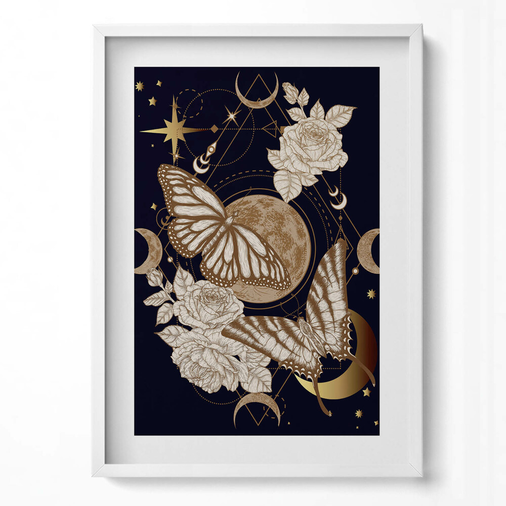 Tablou rama modern O compoziție magică de fluturi și flori de cosmos