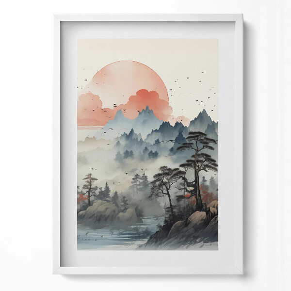 Tablou living cu rama modern Peisaj forestier montan în stil japonez