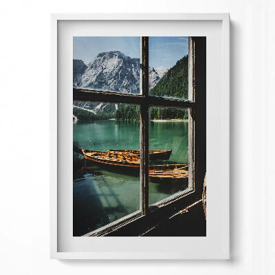 Tablou rama modern O vedere de la fereastră spre un lac cu o barcă