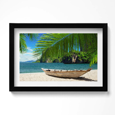 Tablou living cu rama original O barcă pe plajă sub un palmier