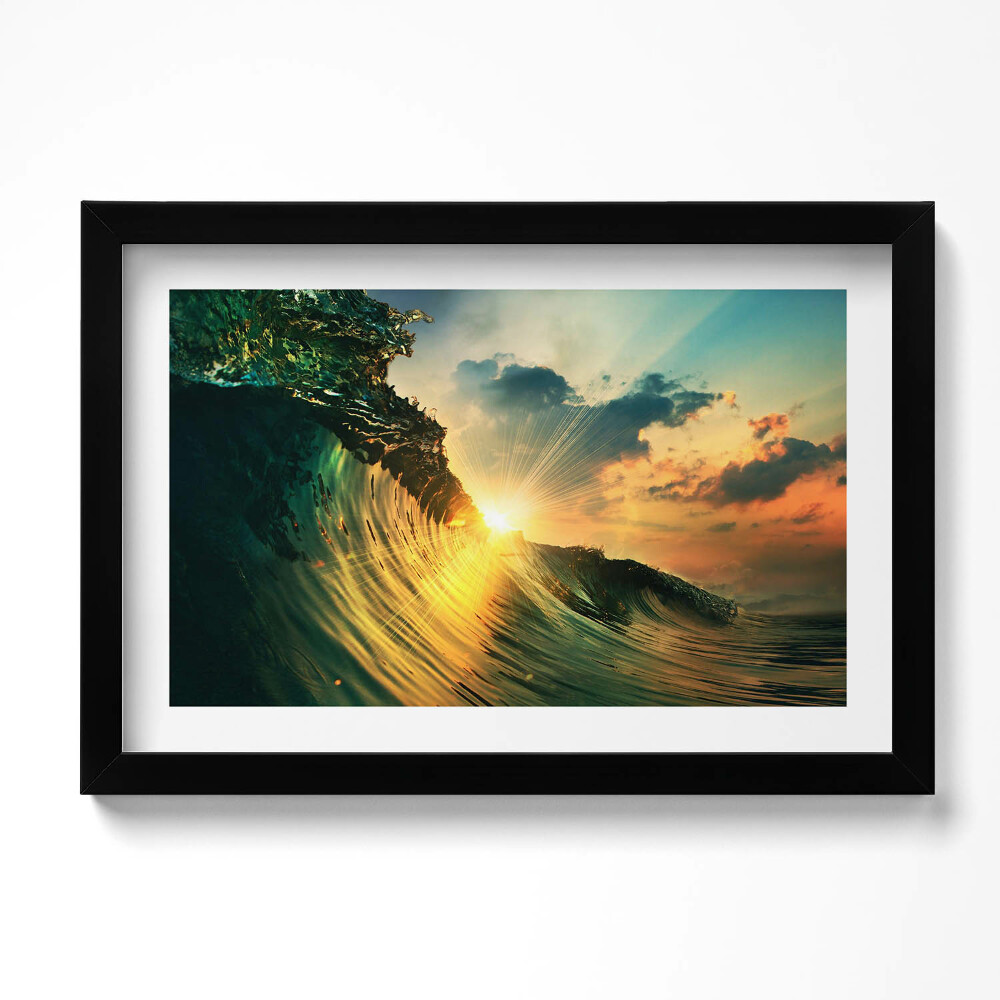 Tablou living cu rama original Valul mării și apusul soarelui