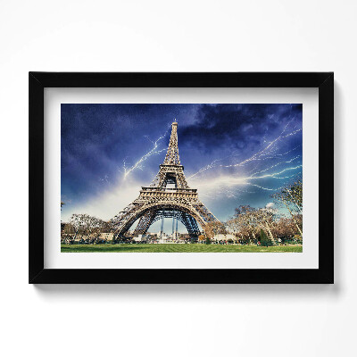 Tablou living cu rama original Turnul Eiffel, fulgere și furtună