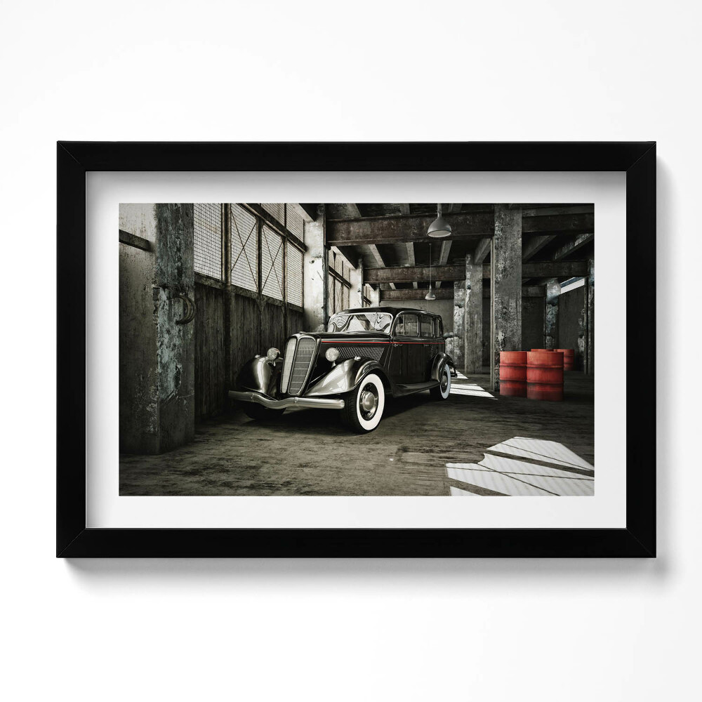 Tablou living cu rama original Mașină clasică într-o fabrică veche