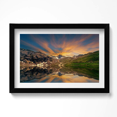 Tablou living cu rama original Lacul de munte și apusul soarelui