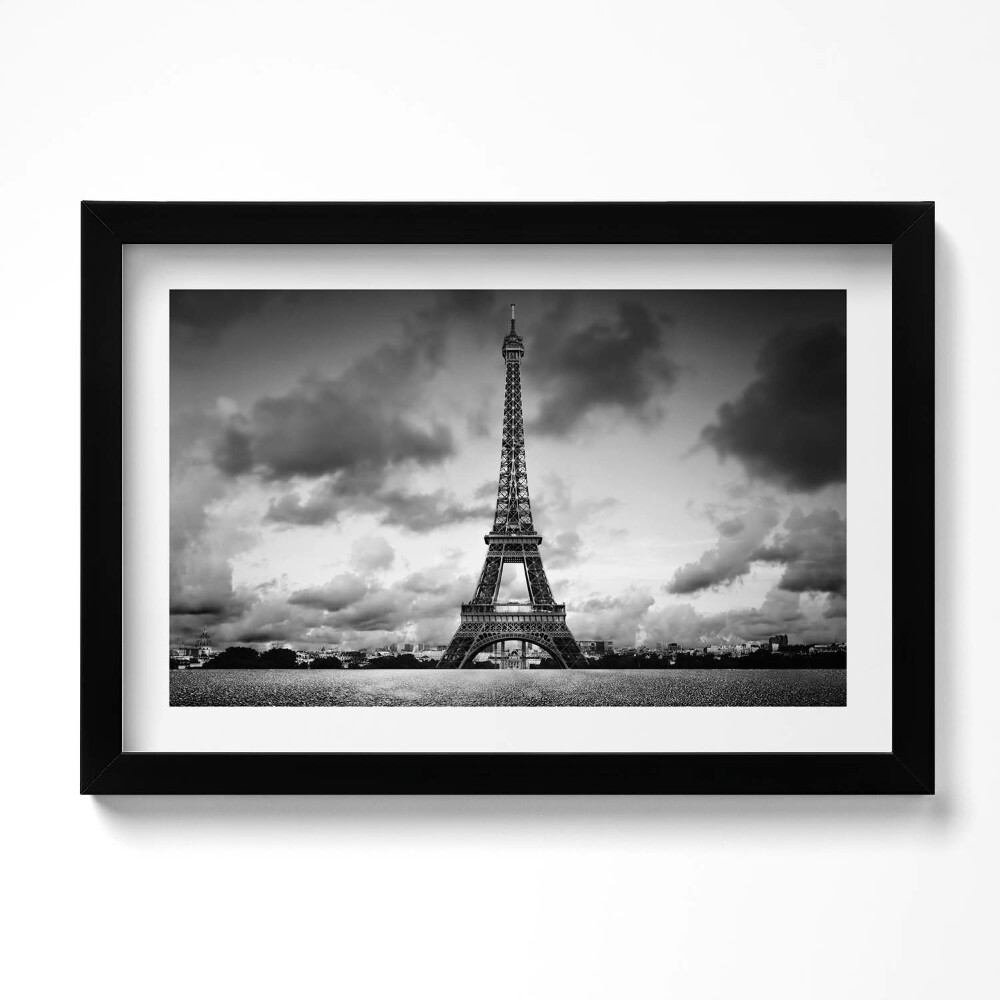 Tablou living cu rama original Peisaj alb-negru al Franței cu Turnul Eiffel