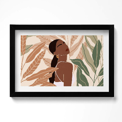 Tablou living cu rama original Ilustrație a unei femei printre frunze în stil boho